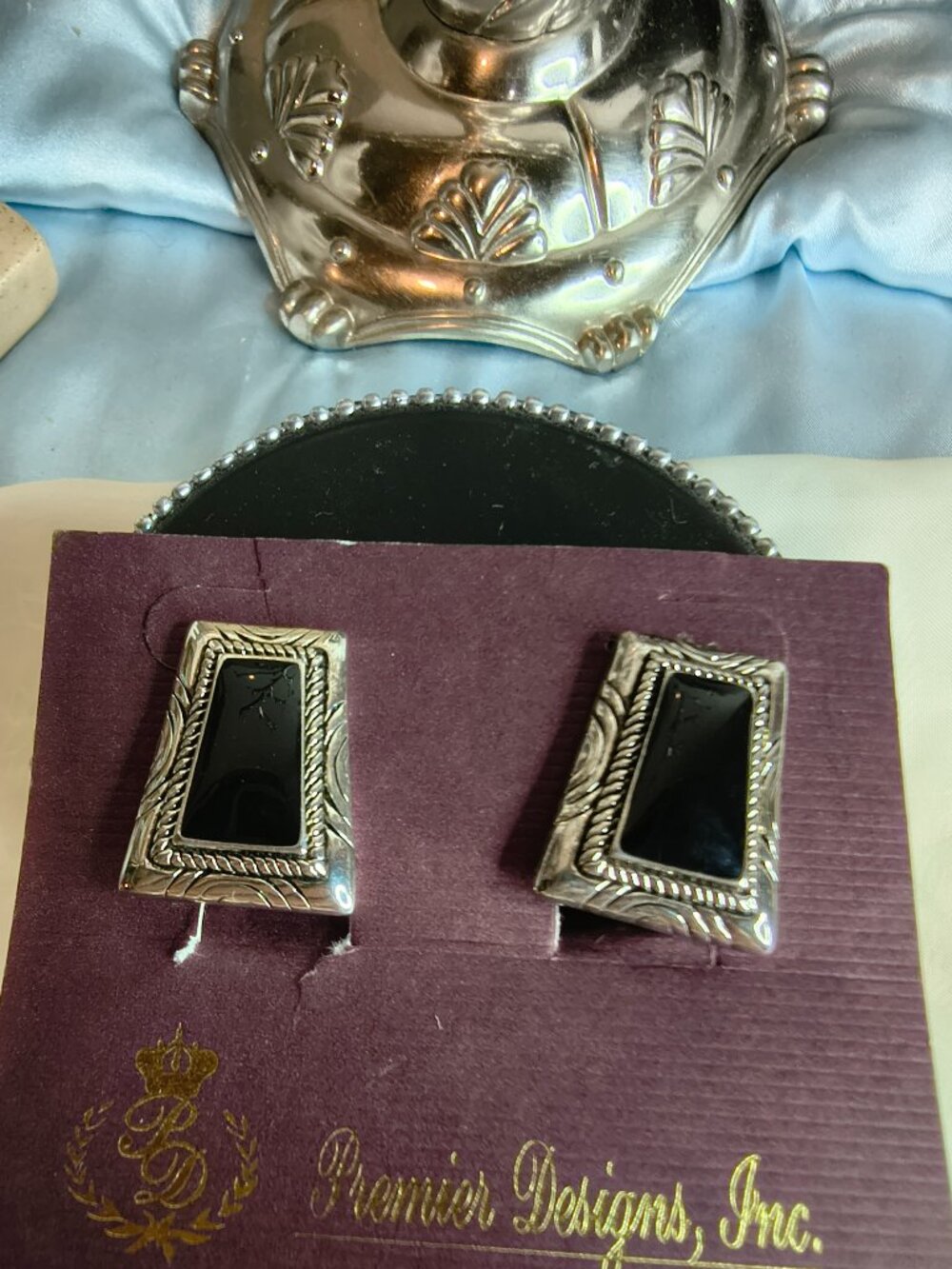 Silver Plate Premier Designs Faux Black Stone Clip on Earrings